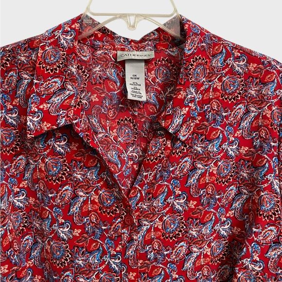 Catherines Button Up Floral Top Women's Size 0X 3/4 Sleeve Red Artsy Boho Office - Picture 5 of 13